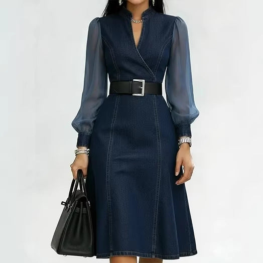 Structured Denim Elegance Dress - Belted Tailored Fit