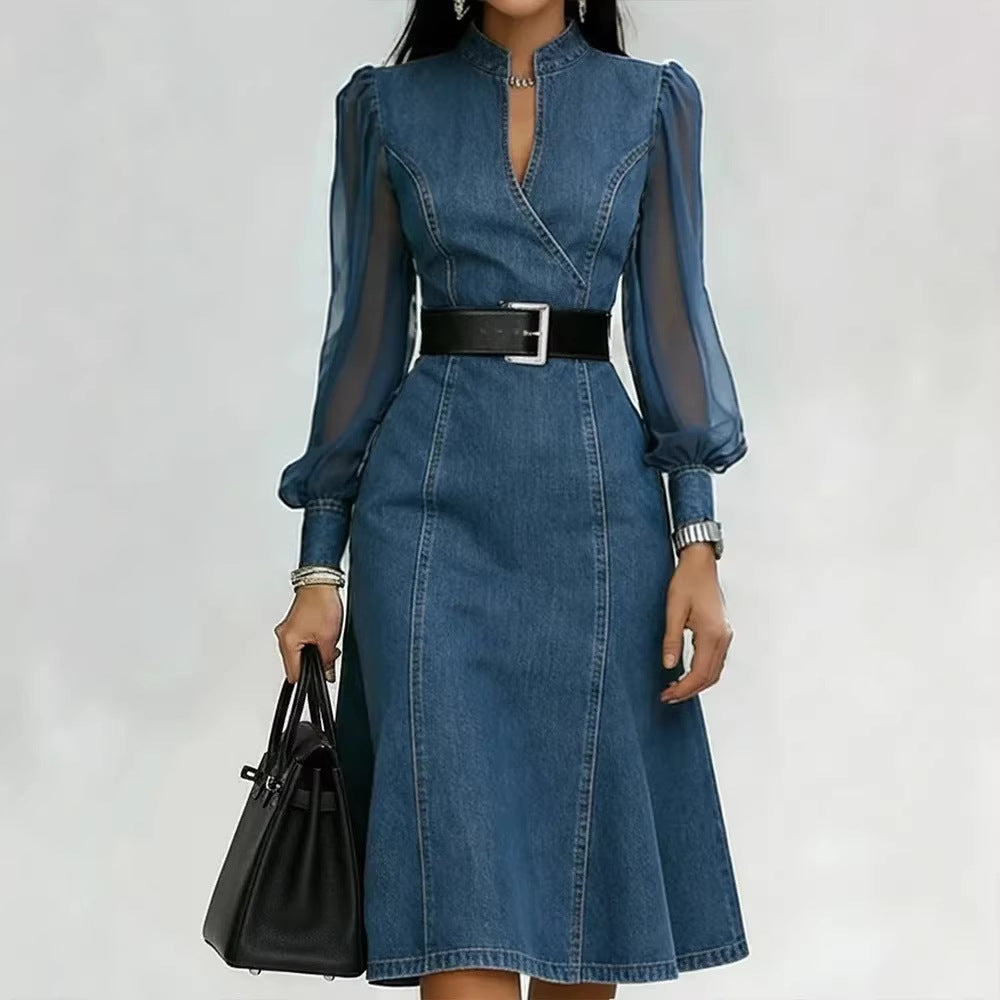 Structured Denim Elegance Dress - Belted Tailored Fit