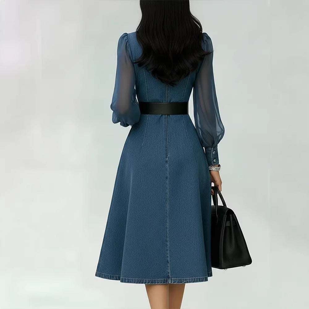 Structured Denim Elegance Dress - Belted Tailored Fit